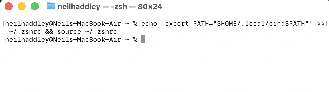 echo 'export PATH="$HOME/.local/bin:$PATH"' >> ~/.zshrc && source ~/.zshrc